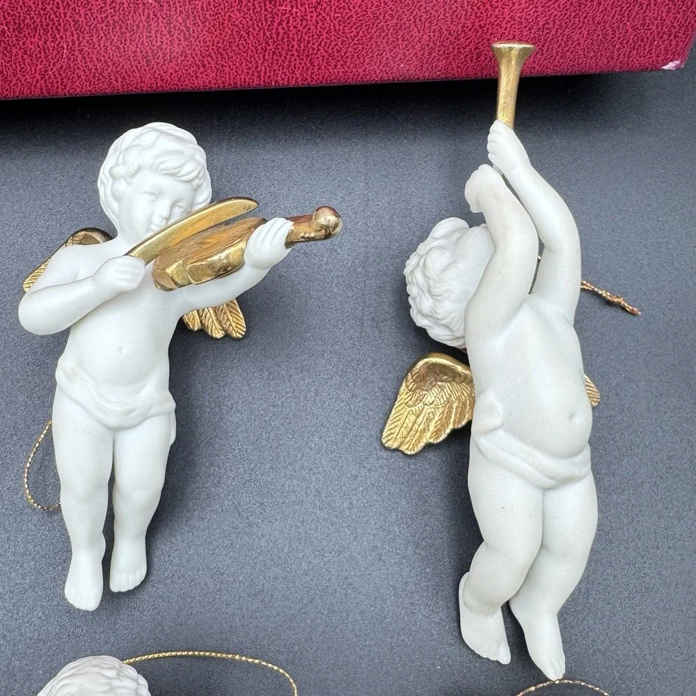 Franklin Mint Heralding Angels Set of 12 24kt Gold & Porcelain Ornaments + Case